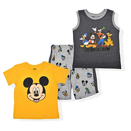 Disney Mickey and Friends Boy’s T-Shirt, Tank Top and Shorts Outfit for Infant, Toddler and Little Kids – Yellow/Grey