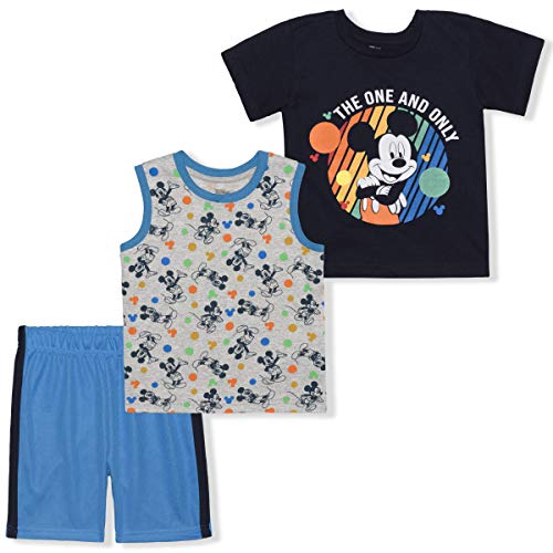 Disney Mickey Mouse Boy's 3 Piece T-Shirt, Tank Top and Shorts Set for Infant and Toddler - Blue/Black/Grey