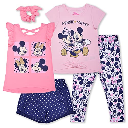 Disney Minnie and Mickey Girls’ Tank Top, T-Shirt, Short, Legging and Scrunchie Set for Toddler and Little Kids