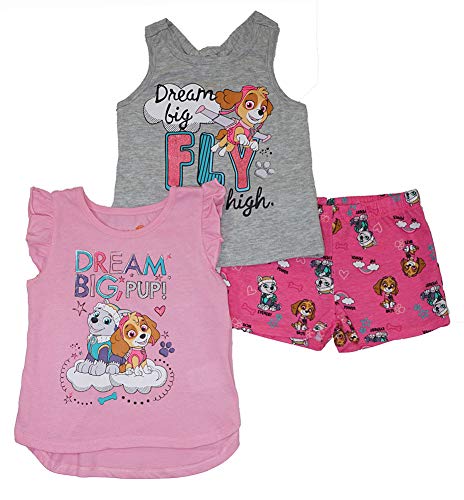 Nickelodeon Paw Patrol Girls’ Short Sleeve Shirt, Tank top and Shorts Set for Toddler and Little Kid – Pink/Blue/Grey