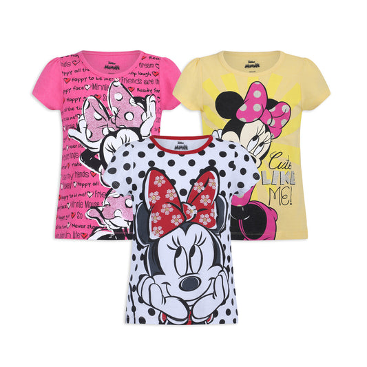 Disney Girl's 3 Pack Minnie Mouse Short Sleeves Tee Shirt Set, Pink/Yellow/White