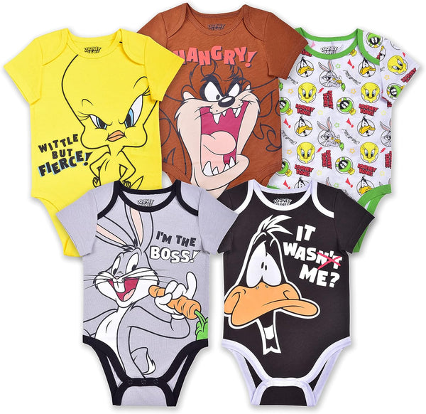 WARNER BROS Looney Tunes Boys? 5 Pack Short Sleeve Bodysuit for Newborn and Infant ? Yellow/Grey/Brown/White/Black