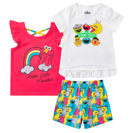 Sesame Street Elmo or Cookie Monster Girls’ T-shirt, Tank Top and Short Set for Infant and Toddler