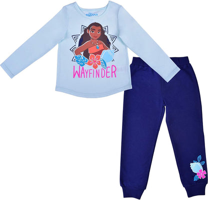 Disney Moana Girls Long Sleeve Shirt and Jogger Pants Set for Toddler, Little and Big Kids – Blue/Navy