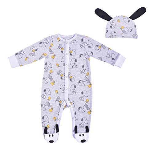 Snoopy Boys’ Coverall Footed Romper and Hat Set for Newborn – Grey