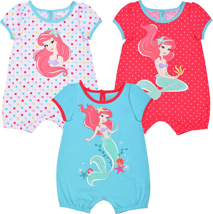 Disney Princess Girls’ Ariel The Little Mermaid 3 Pack Rompers for Newborn and Infant – White/Red/Blue