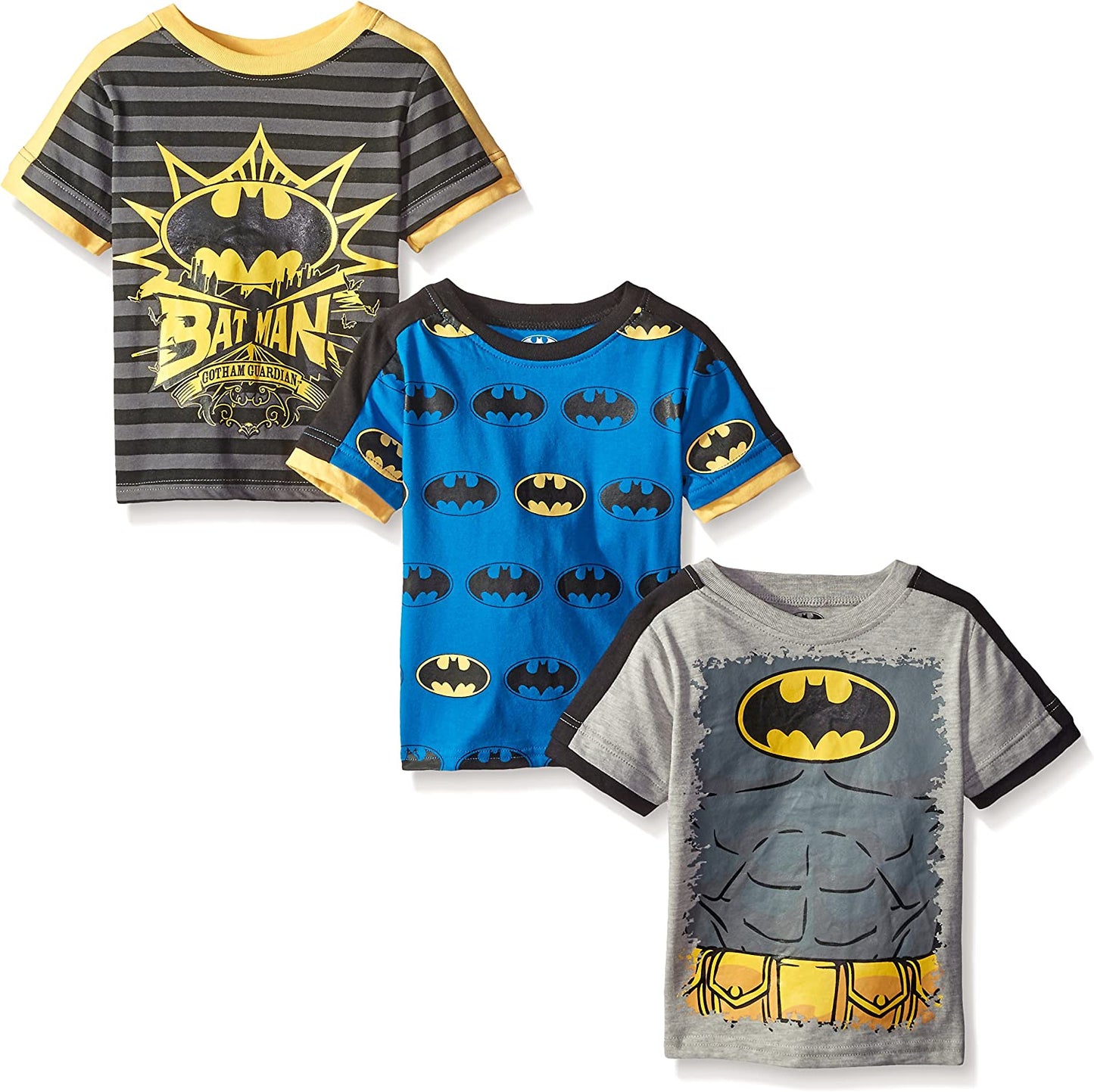 DC Comics Batman Boys 3 Pack T-Shirt for Toddler and Little Kids – Blue/Yellow/Grey