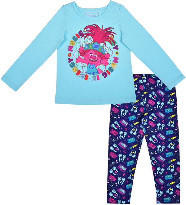 Universal Trolls World Tour Poppy Girls’ Long Sleeve T-Shirt and Legging Pants Set for Toddler and Little Kids – Blue/Navy