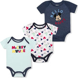 Disney Mickey Mouse Boys’ Short Sleeve 3 Pack Bodysuits for Newborn – Navy/Blue/White