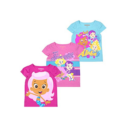 Nickelodeon Bubble Guppies Girls Molly, Deema, Oona and Bubble Puppy 3 Pack T-Shirt for Toddler – Purple/Blue