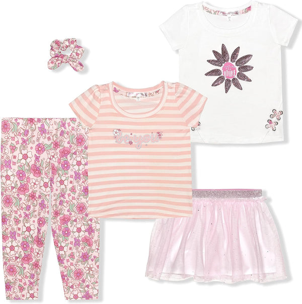 Nannette Girls? Shirt, Tutu Skirt, Leggings and Scrunchie Set for Toddler and Little Kids ? Pink/White or Pink/Grey