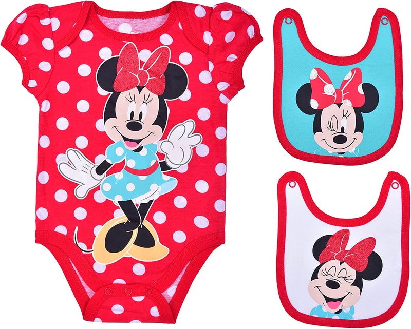 Disney Minnie Mouse Girls’ Bodysuit and Bibs Set for Newborn and Infant – Red/Aqua/White