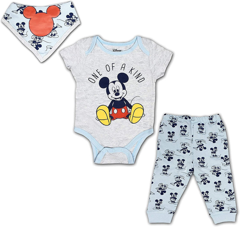 Disney Boys’ Mickey Mouse Bodysuit, Jogger and Bit Set for Newborn – Blue/Red/Gray