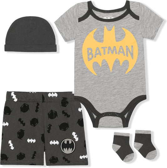 BATMAN Warner Bros DC Comics Boys? Bodysuit, Shorts, Cap and Socks Set for Newborn ? Grey