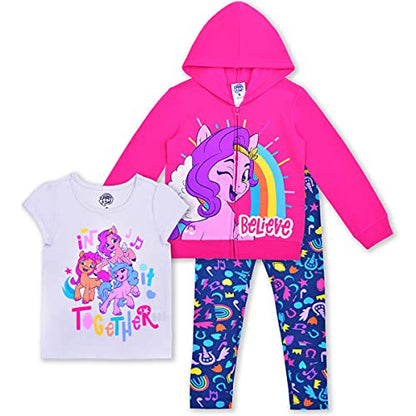 Hasbro My Little Pony Girls’ Zip Up Hoodie, Short Sleeve Tee and Legging Pants Set for Little and Big Kids – Pink/White/Blue