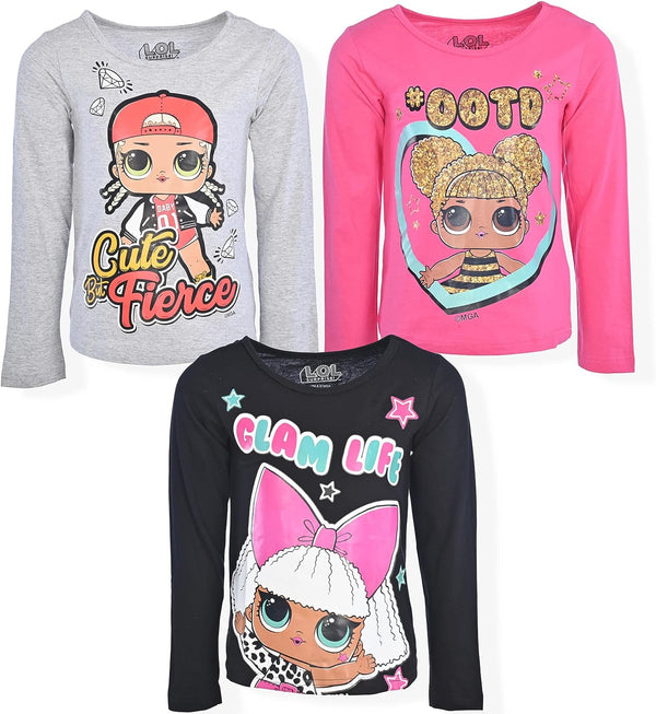 LOL Surprise Dolls Girls? Long Sleeve Shirt 3 Pack for Little and Big Girls ? Grey/Pink/White