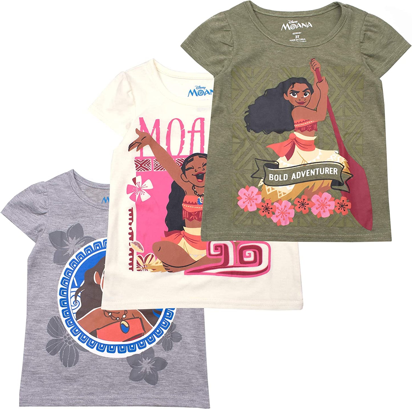 Disney Moana Girls 3 Pack T-Shirts for Toddler, Little and Big Girls - Green/Grey/White