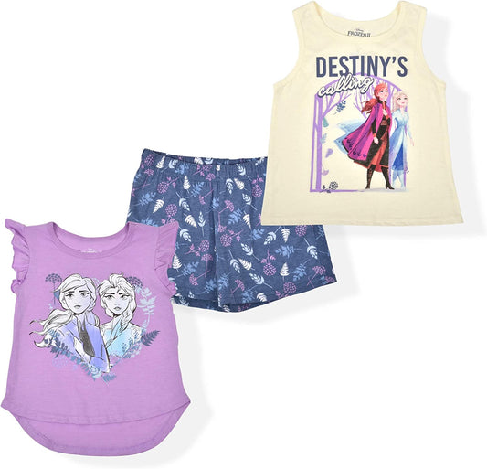 Disney Frozen 3-Piece "Destiny's Calling" Playwear Set with Tee, Sleeveless Top and Allover Print Shorts, Purple/White