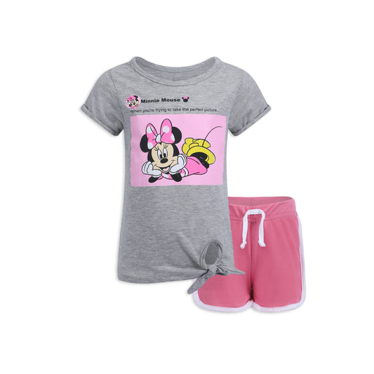 Disney Minnie Mouse Girls’ T-Shirt and Short Set for Toddler and Little Kids – Pink/Grey