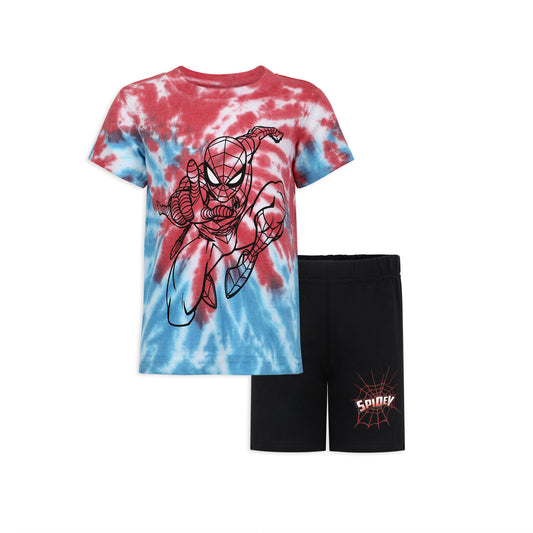 Marvel Spiderman Boys Tie Dye Short Sleeve Shirt and Shorts Set for Toddler and Little Kids -Black/Blue/Red