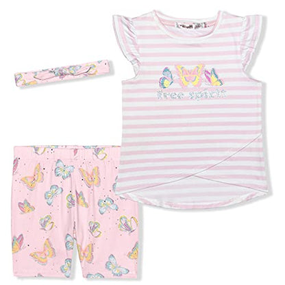 Nannette Girl's 3 Pack Short Sleeve Shirt and Bike Shorts with Headband, Pink Butterfly