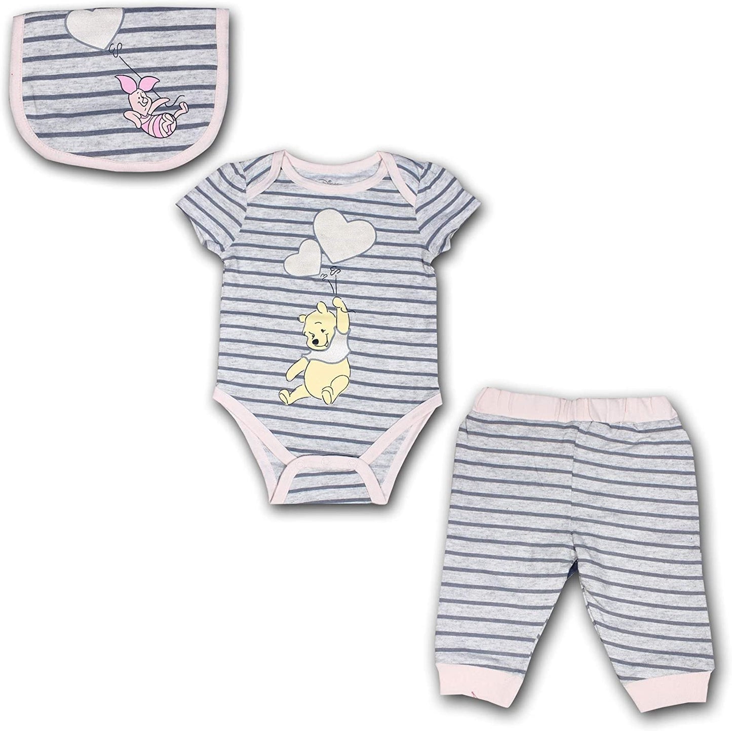 Disney Winnie the Pooh Girls’ Bodysuit, Jogger and Bib Set for Newborn – Grey