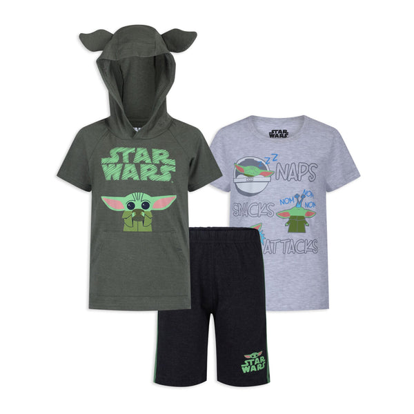 Star Wars Boys’ Baby Yoda Hooded T-Shirt, T-Shirt and Short Set for Toddler and Little Kids – Green/Grey