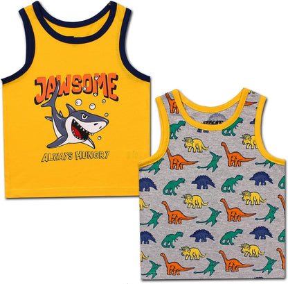 10 Threads Dino and Shark Boys 2 Pack Tank Tops for Toddler and Little Kids ? Yellow/Grey/White/Blue