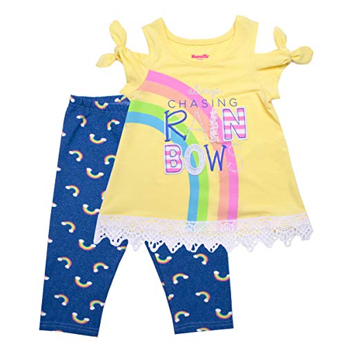 Nanette Girls 2-Piece Leggings and Shirt Set with Wide Variety of Flowers, Butterfly, and Animals Yellow Chasing