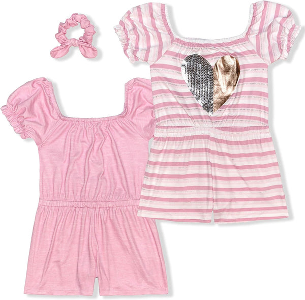 Young Hearts Girls? 2 Pack Rompers and Scrunchie for Toddler and Little Kids ? Pink/White