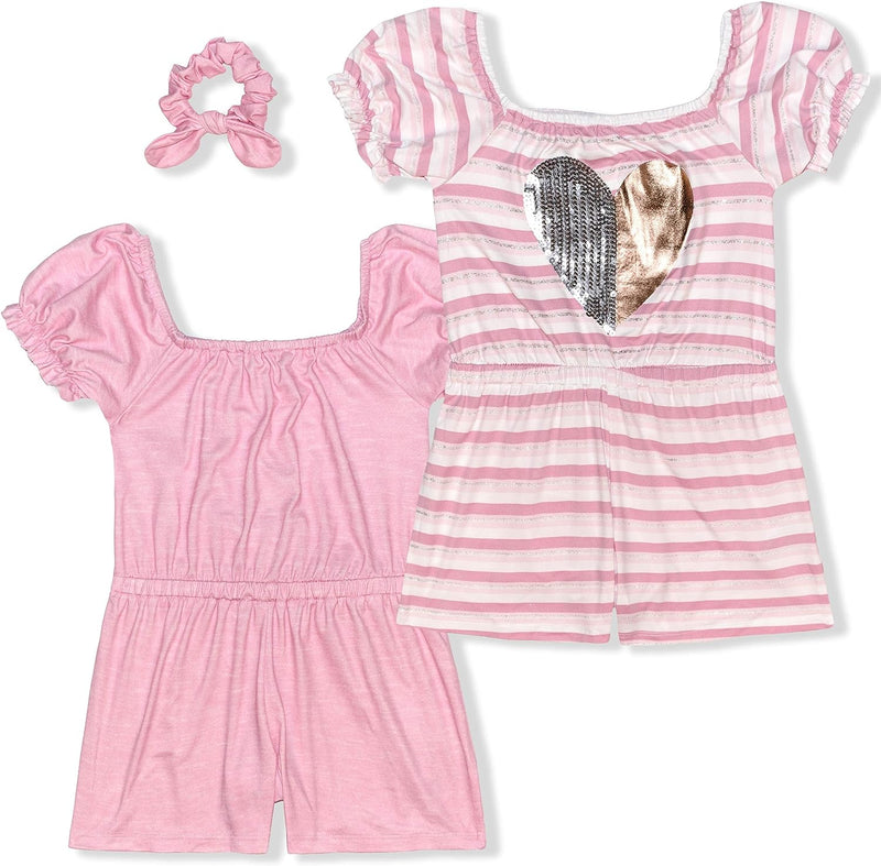 Young Hearts Girls? 2 Pack Rompers and Scrunchie for Toddler and Little Kids ? Pink/White