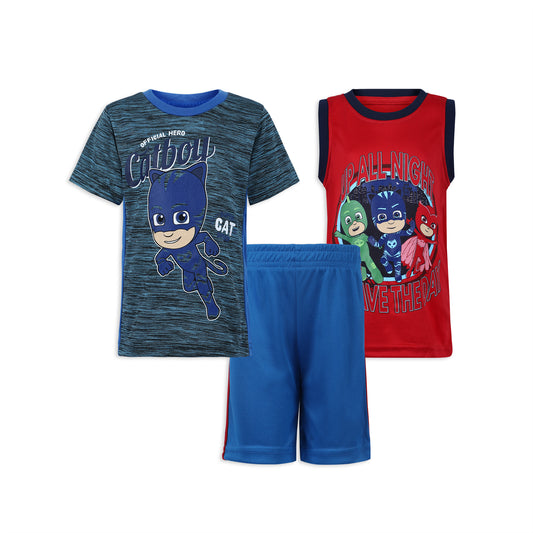 PJ Masks Boy's 3 Piece T-Shirt, Tank Top and Shorts Set for Toddler and Little Kids- Blue/Red/Grey