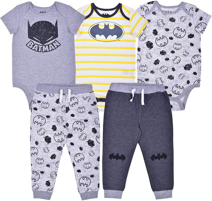 Batman Boys’ Bodysuits and Jogger Pants Set for Newborn and Infant – Yellow/Grey