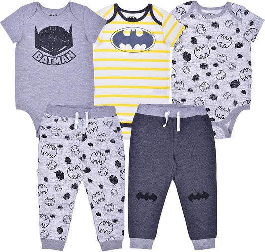 Batman Boys’ Bodysuits and Jogger Pants Set for Newborn and Infant – Yellow/Grey