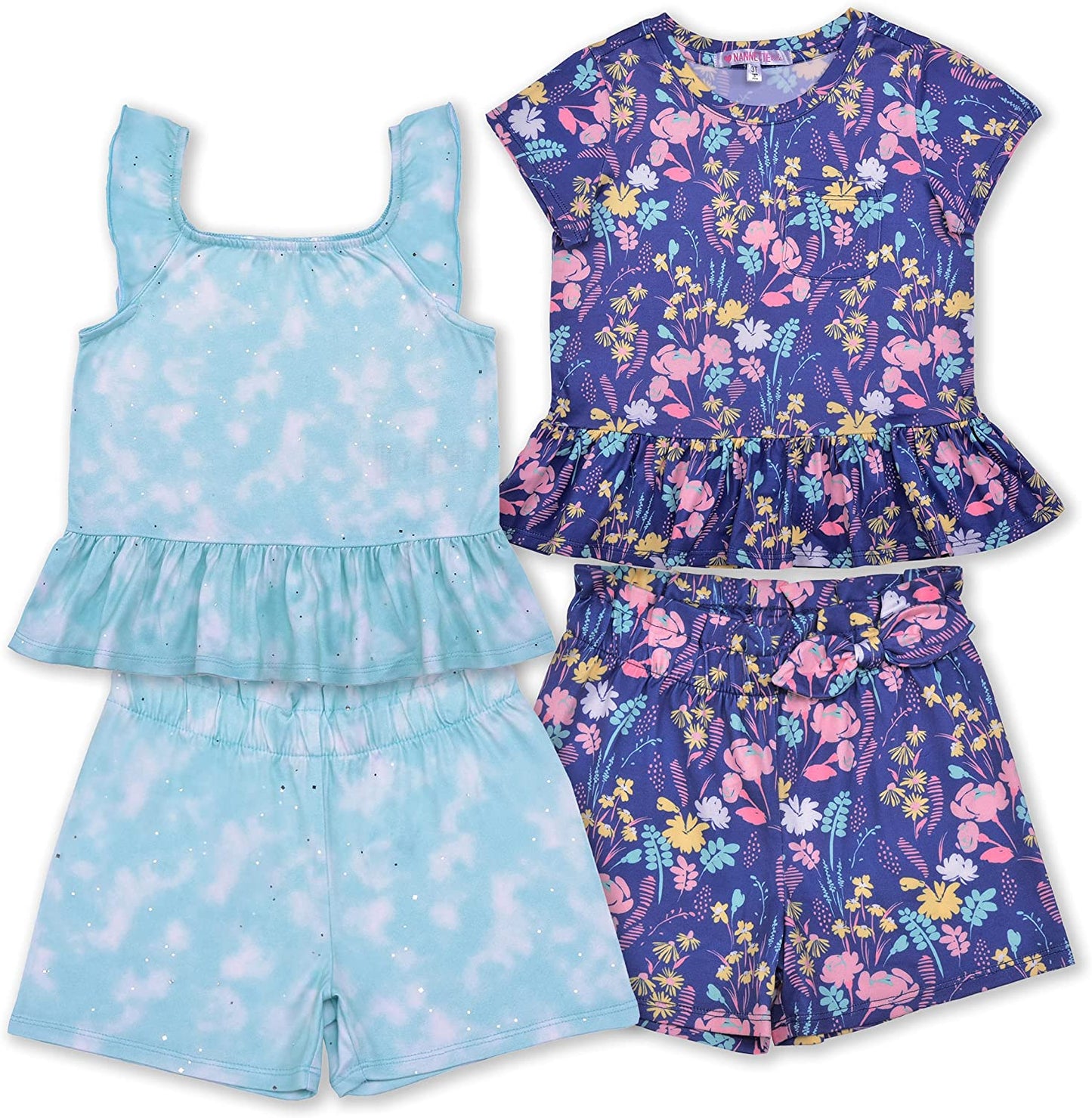 Nannette Girl's 4 Pack Short Sleeves Tee, Sleeveless Shirt and Shorts Set for Kids, Blue Floral