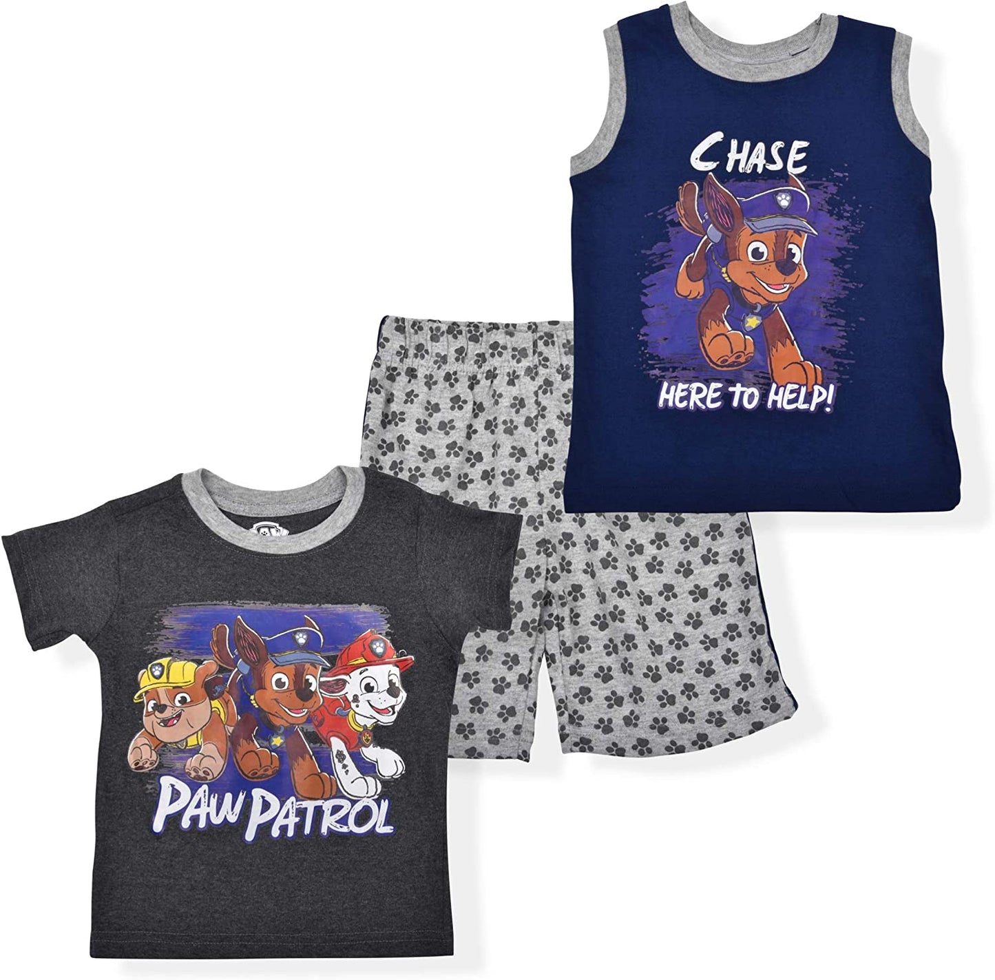 Nickelodeon Paw Patrol Boy's 3-Piece Short Set with Graphic Tee, Sleeveless Shirt and Shorts, Blue/Grey