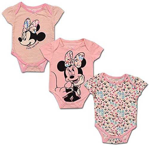 Disney Minnie Mouse Girls’ 3 Pack Bodysuits for Newborn – Pink/Red/Grey/White