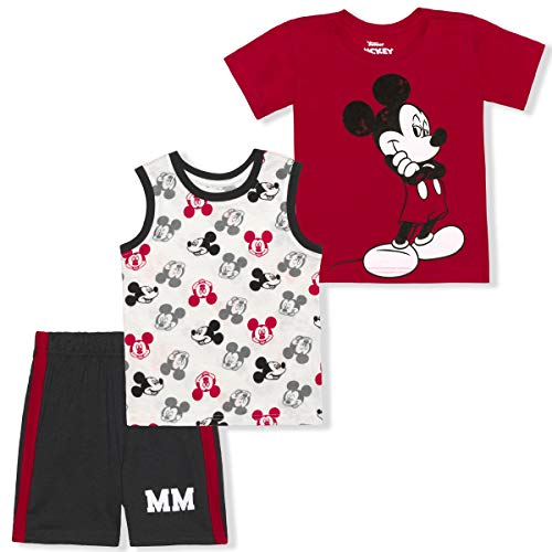 Disney Mickey Mouse Boy's 3 Piece T-Shirt, Tank Top and Shorts Set for Infant and Toddler - Red/White/Grey