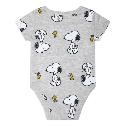 Peanuts Snoopy Boys’ 4 Pack Short Sleeve Bodysuit for Newborn and Infant – Red/White/Blue/Grey