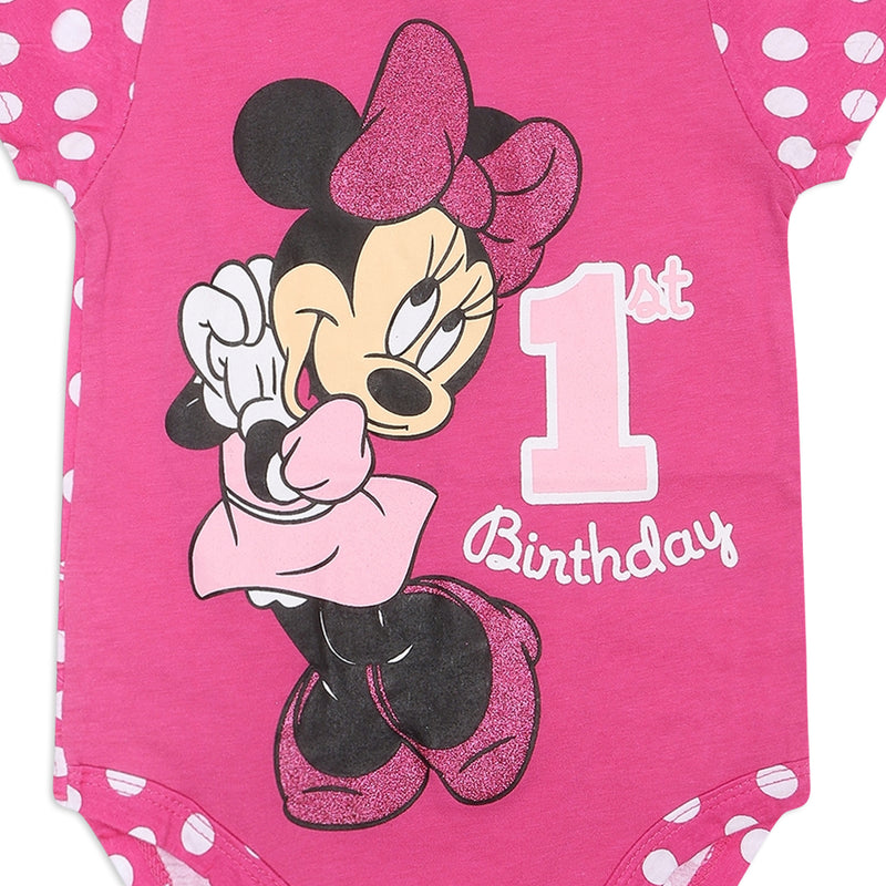 Disney Minnie Mouse Girls’ First Birthday Bodysuit for Infant – Pink