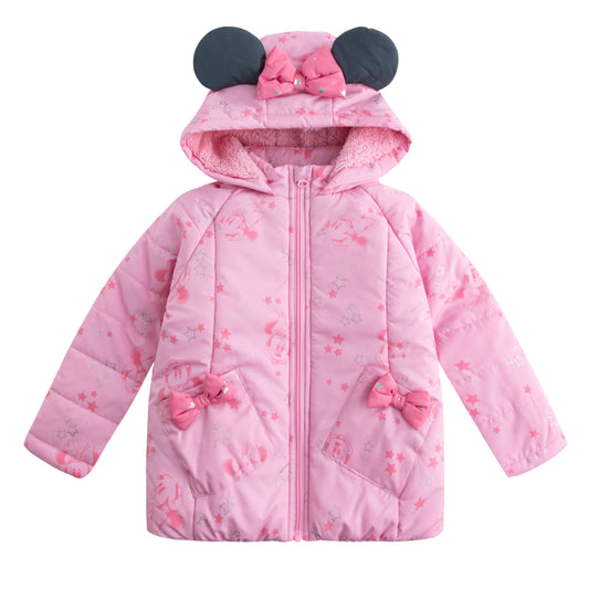 Disney Girl's Minnie Mouse Hooded Puffer Jacket with Bow Pockets and Ears, Pink