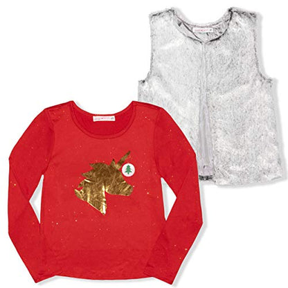 Young Hearts Unicorns Girls’ Long Sleeve T-Shirt and Vest Set for Little Kids – Red/Silver or Pink/Grey