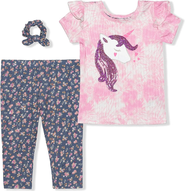 Nannette Unicorn Girls? Short Sleeve T-Shirt, Legging Pants and Scrunchie Set for Little Kids ? Pink/Grey