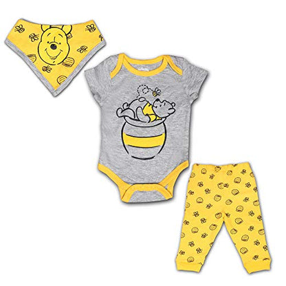 Disney Winnie The Pooh Boys’ Short Sleeve Bodysuit, Joggers and Bib Set for Newborn – Grey/Yellow