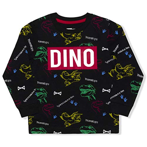 10THREADS Boys’ Dinosaur Long Sleeve Shirt for Toddler and Little Kids – Black or Grey or White