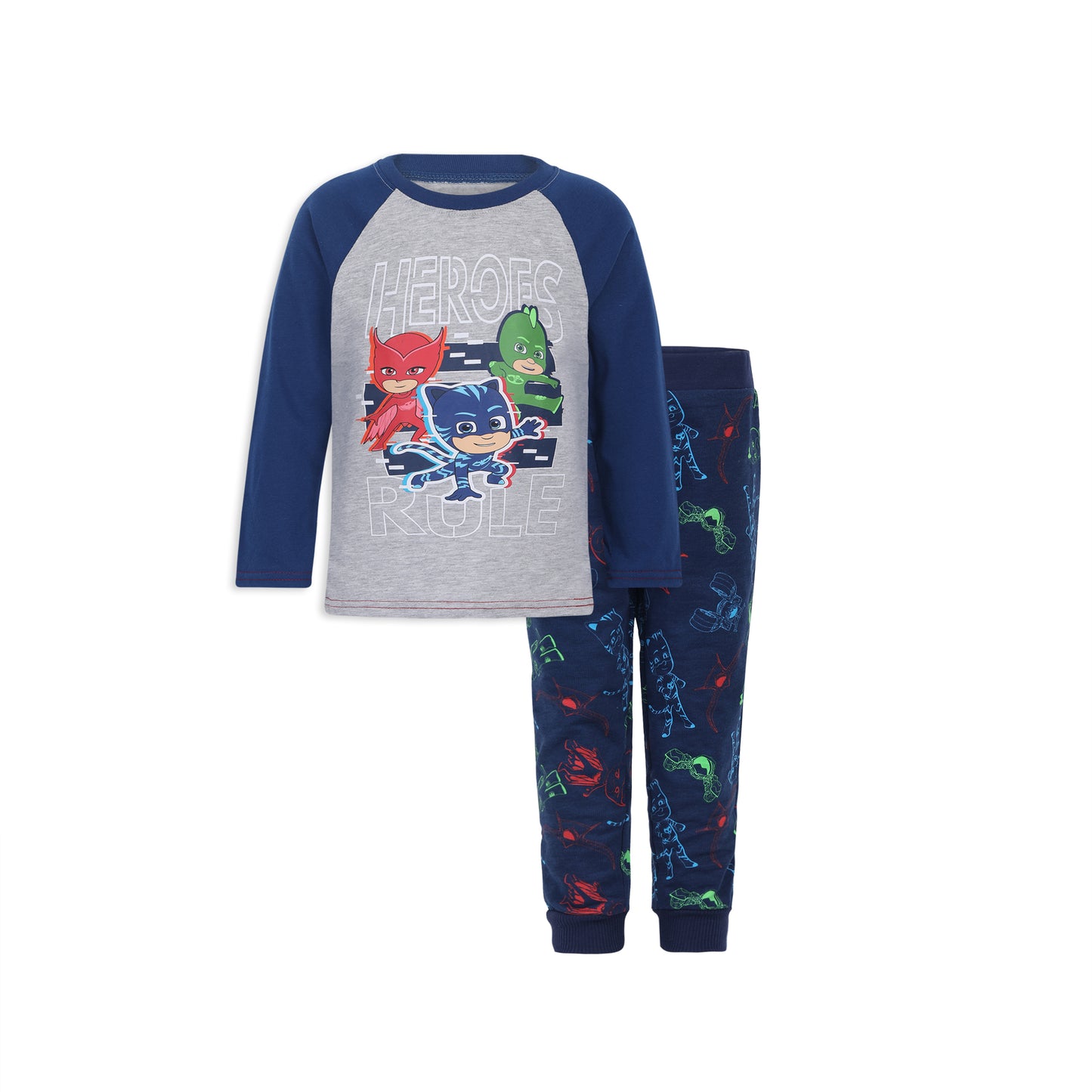 PJ Masks Catboy, Gekko and Owlette Boys’ Long Sleeve Shirt and Jogger Pants Set for Toddler and Little Kids – Navy/Grey