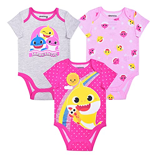 Nickelodeon Baby Shark Girls’ 3 Pack Short Sleeve Bodysuit for Newborn and Infant – Pink/Grey