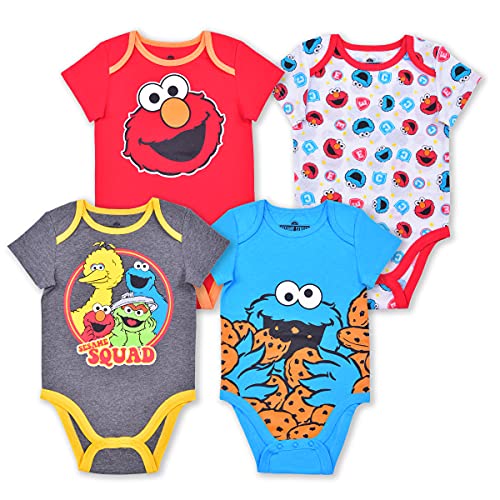 Sesame Street Boys’ 4 Pack Bodysuit for Newborn and Infant – Blue/Red/Grey/White