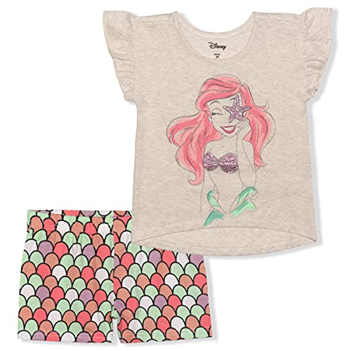 Disney The Little Mermaid Ariel Girls’ T-Shirt and Short Set for Toddler and Little Kids – Beige/Multicolor