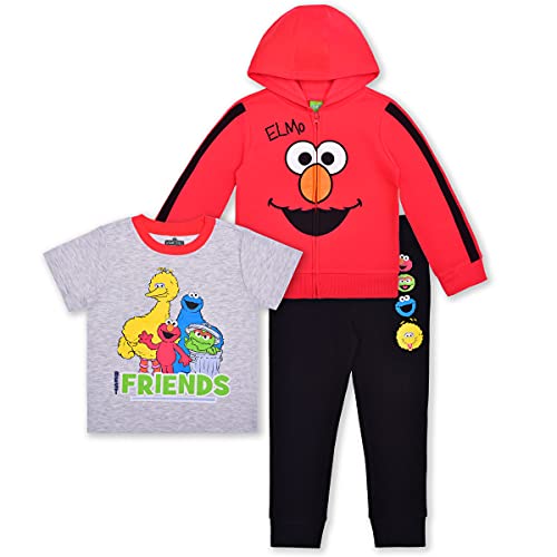 Sesame Street Zip Up Hoodie, Shirt and Jogger Pant Bundle for Boys, Active Wear for Kids, Size 12M Red